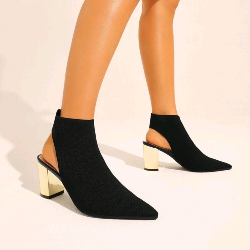 Stretch Gold Block Heel Chunky Boots